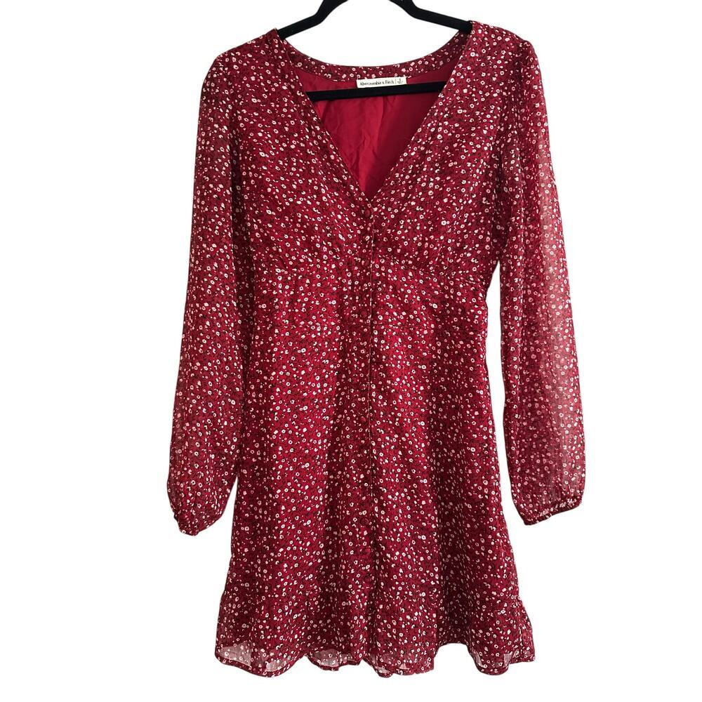 ABERCROMBIE & FITCH Dark Red Ditsy Floral Button V-Neck Tie-Back Dress - Sz S